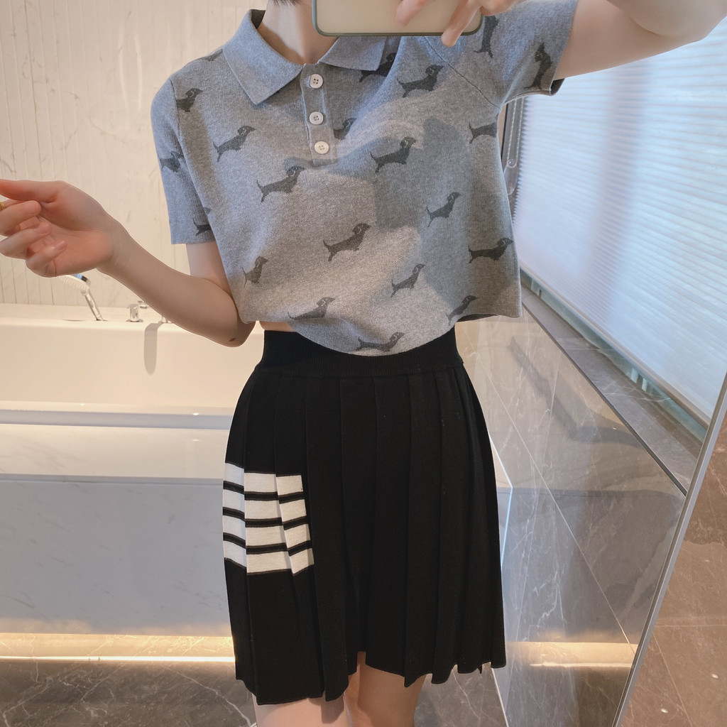 KL2L Thom browne Academy Style Full Print Puppy Jacquard polo Shirt Short Sleeve T Women's Loose T-s