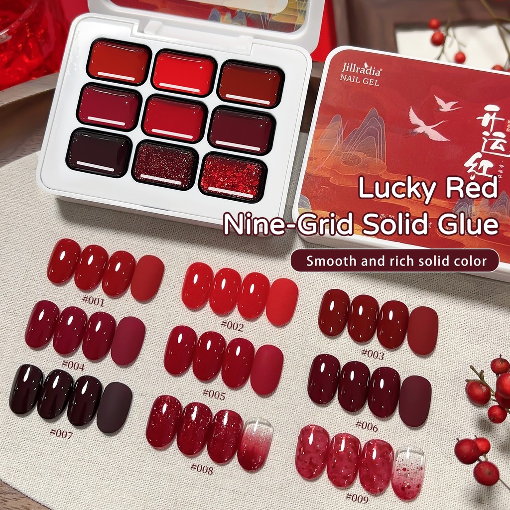 JILLRADIA ยาทาเล็บสีแดงสไตล์ใหม่ 9 สีชุด Firm Lasting เหมาะสําหรับร้านทําเล็บและบ้าน DIY
