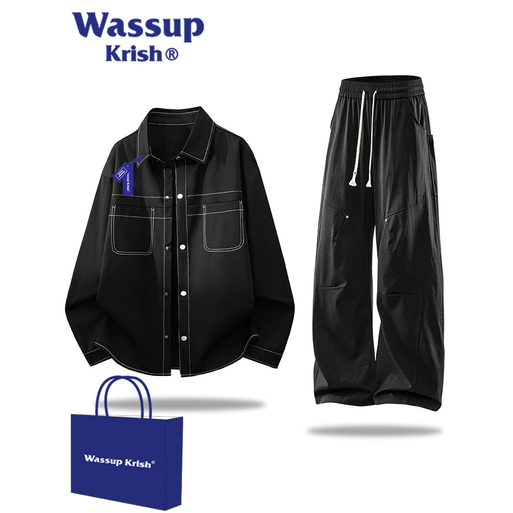 WASSUP KRISH Open Line Overalls ชุดลําลองผู้ชายฤดูใบไม้ร่วงเสื้อแขนยาวกางเกงขายาวผู้ชายชุดสูทสองชิ้น