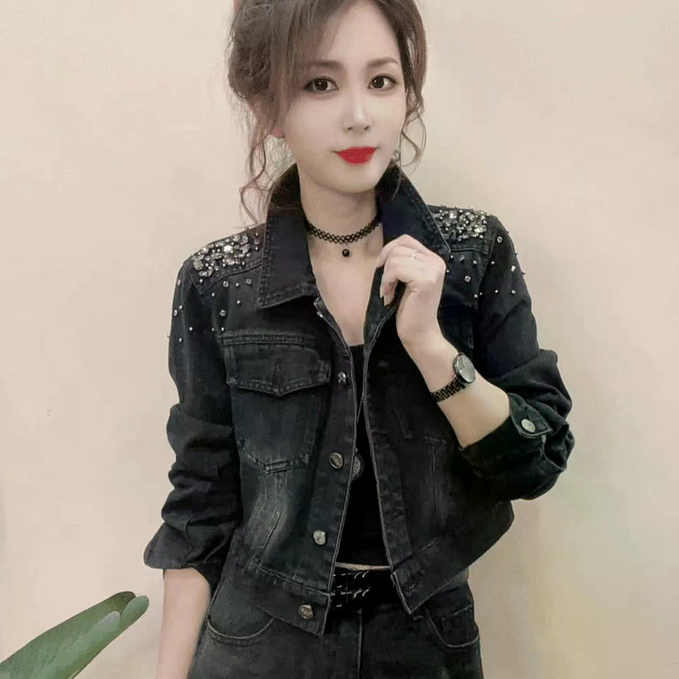 Kg Beaded Hot Diamond Denim Jacket ผู้หญิง High-End แจ็คเก็ตยีนส์สั้น DENIM Top