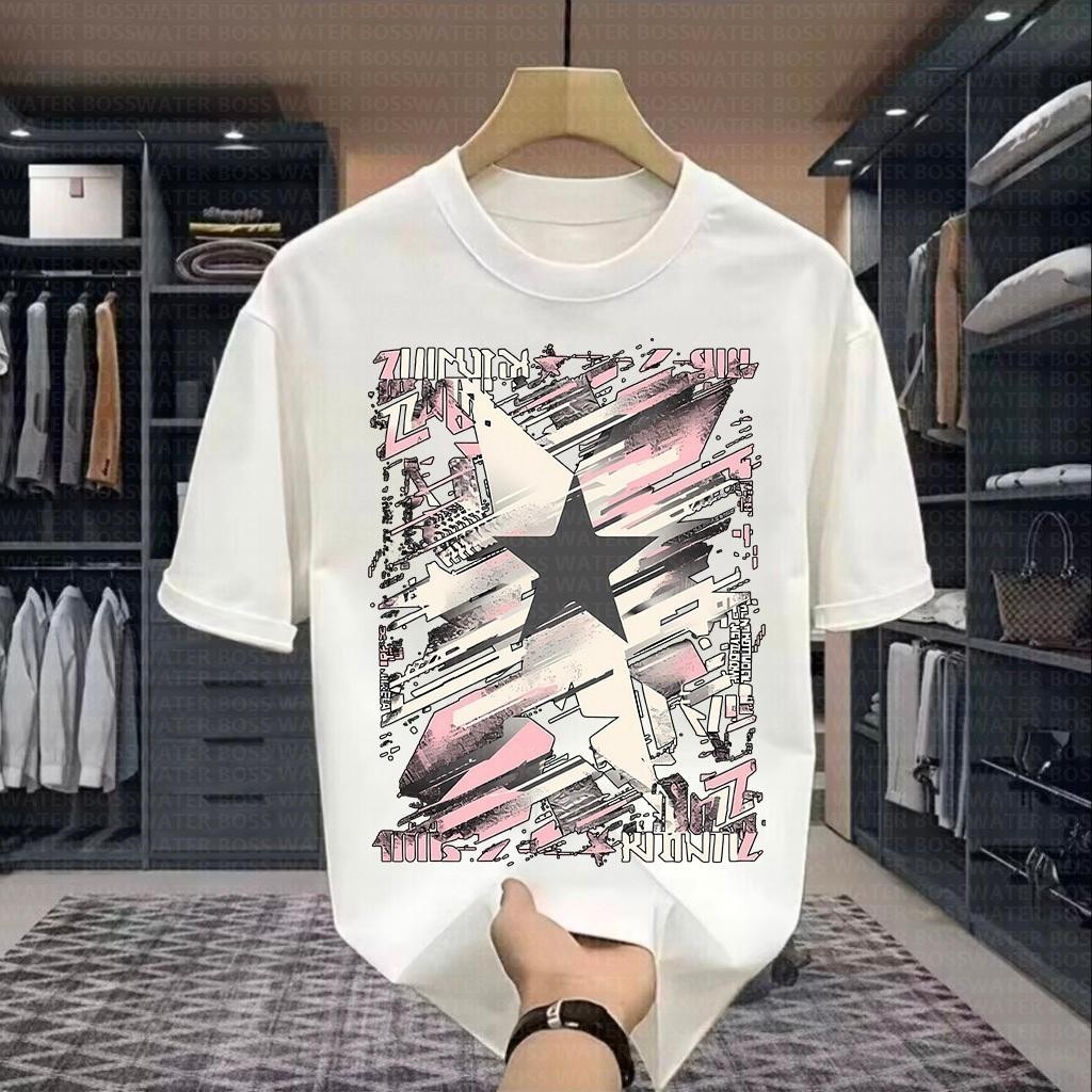 ผ้าฝ้าย100% 220กรัม Vth ผู้ชายและผู้หญิงดาวแบบพิมพ์เสื้อยืดฤดูร้อนขนาดใหญ่พิมพ์สีดำรอบคอหลวมเสื้อยืด