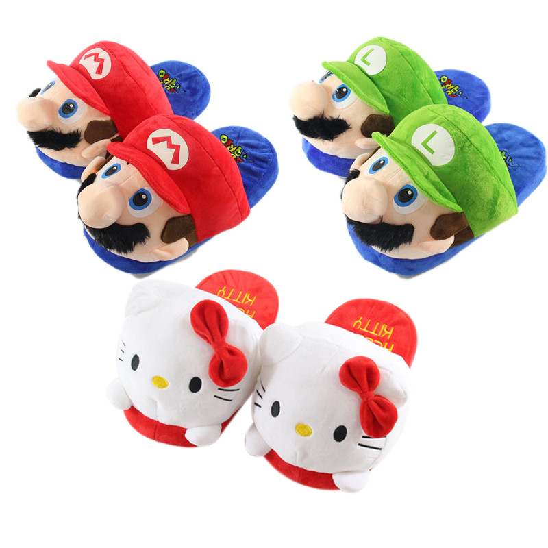 Super Bros Hello Kitty รองเท้าแตะอุ่นชายหญิงรองเท้าเจ้าหญิง Peach Luigi สไลด์ผู้ชายผู้หญิงการ์ตูนอะนิเมะอุปกรณ์ต่อพ่วงอนุพันธ์ของขวัญ