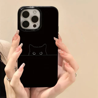 เคสโทรศัพท์กันกระแทกสีดำเงาสไตล์แมวดำสุดเก๋ For iPhone 16 15 14 13 12 11 Pro Max 14 15 16 Plus Xr Xs Max 7 8 Plus SE2020