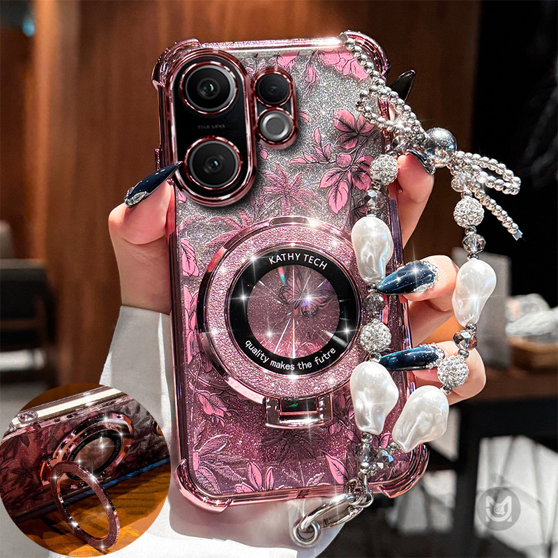 ปลอกสําหรับ VIVO V60 V50 V40 V30 Pro V60 V50 V40 Lite V29E ชุบกันกระแทก Glitter แม่เหล็กไร้สายชาร์จขาตั้งผู้ถือเคสโทรศัพท์พร้อมสร้อยข้อมือ