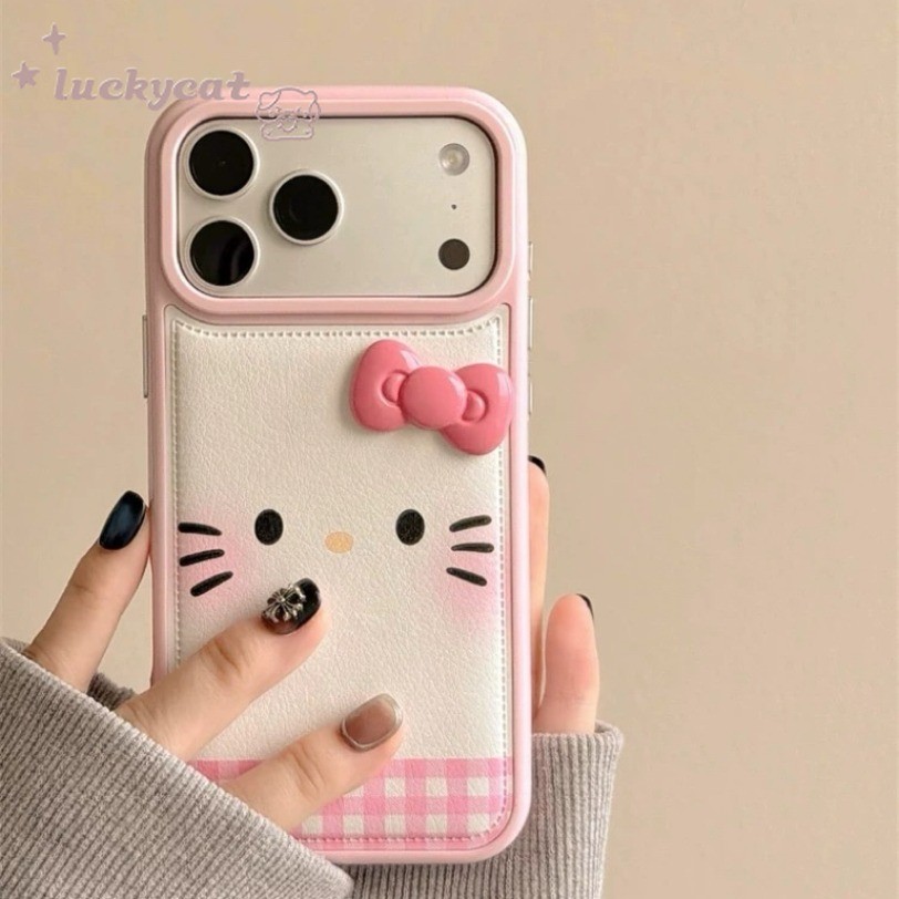 ใช้งานร่วมกับiPhone 17 16 15 14 13 12 11 Pro Max X Xr Xs Max 7 8 Plus SE2020 เคสโทรศัพท์การ์ตูน 3D DIYสีชมพูโบว์สีชมพูGird Ktแมวรูปแบบหนังนุ่มปกหลัง