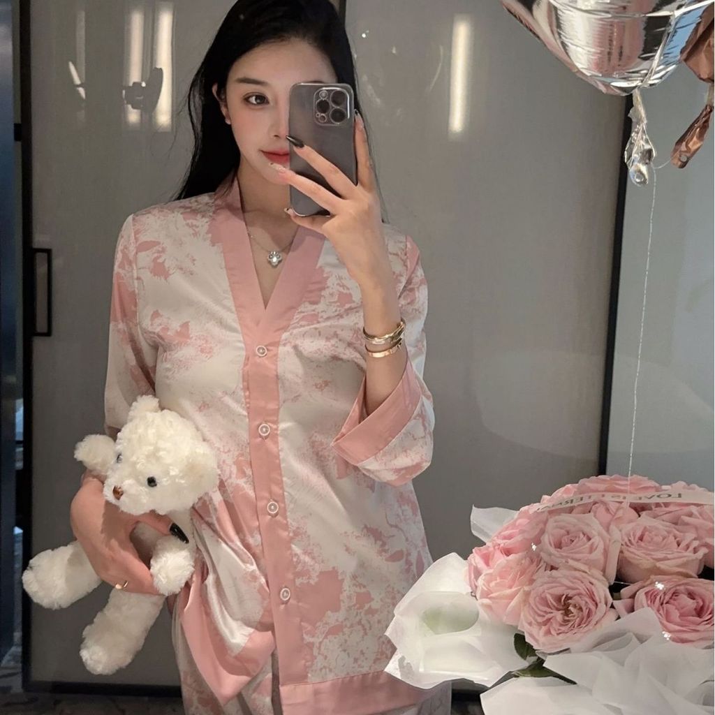 Ph ผ้าไหมน้ําแข็งผู้หญิง Pajamg ชุดพิมพ์แฟชั่น V คอชุดนอนเซ็กซี่ Loungewear Pama Homewear ชุดนอน Pjs
