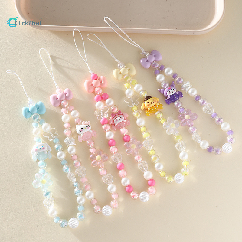 เชือกเส้นเล็กโทรศัพท์คริสตัลหรูหรา สายคล้องโทรศัพท์ Sanrio ลูกปัดอะคริลิค สายคล้องโทรศัพท์ลายการ์ตูน – โปรปัง