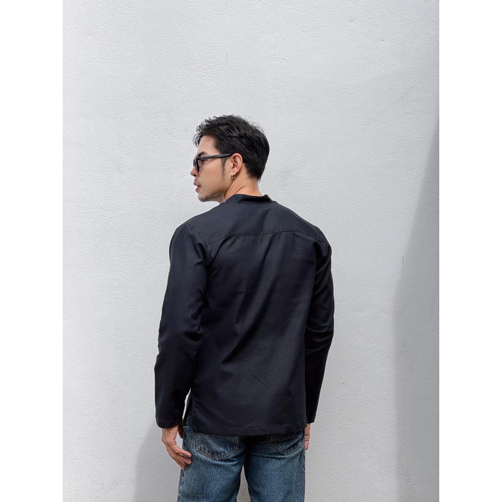 ผ้าไทย เสื้อเชิ้ต เสื้อผ้าฝ้ายฟอกนุ่มพิมพ์ลายตีนจกดอกแก้ว no.P02ดำยาวตีนจกดอกแก้ว - รูปที่ 4