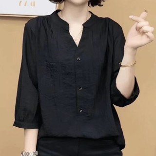 Dahong. เสื้อคลุมแขนครึ่งสไตล์คลาสสิก เสื้อเชิ้ตคอวีเก๋ไก๋ เ…