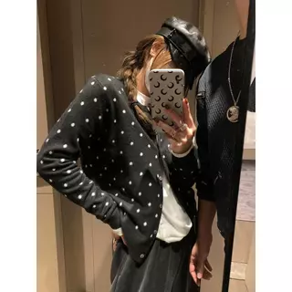 Chili Koko เสื้อคาร์ดิแกนถักคอกลมแขนยาวลายจุดสำหรับผู้หญิง กระดุมแถวเดียว เสื้อโค้ทสเวตเตอร์แขนยาวลำลอง 88040