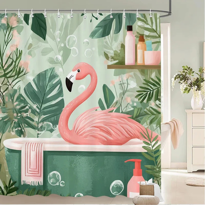 Nordic plant flamingo style fabric shower curtain bathroom curtain,flowers and birds style home deco