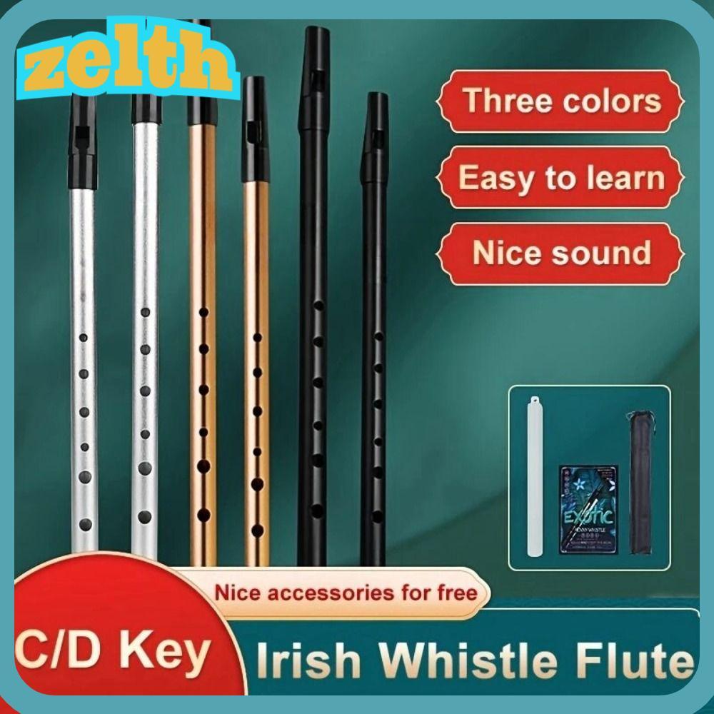 ZELTH นกหวีดดีบุกอลูมิเนียม, Easy-to-learn C/D Key Irish Whistle ขลุ่ย, แบบพกพา Rich Tone 6 หลุม Iri