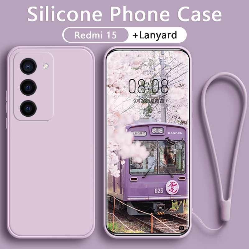 เคส Redmi 15 5G 4G 15C เคสซิลิโคนเหลวพร้อมกล้องแบบเต็มสายคล้อง สายคล้องเชือกเส้นเล็ก ข้าวแดง