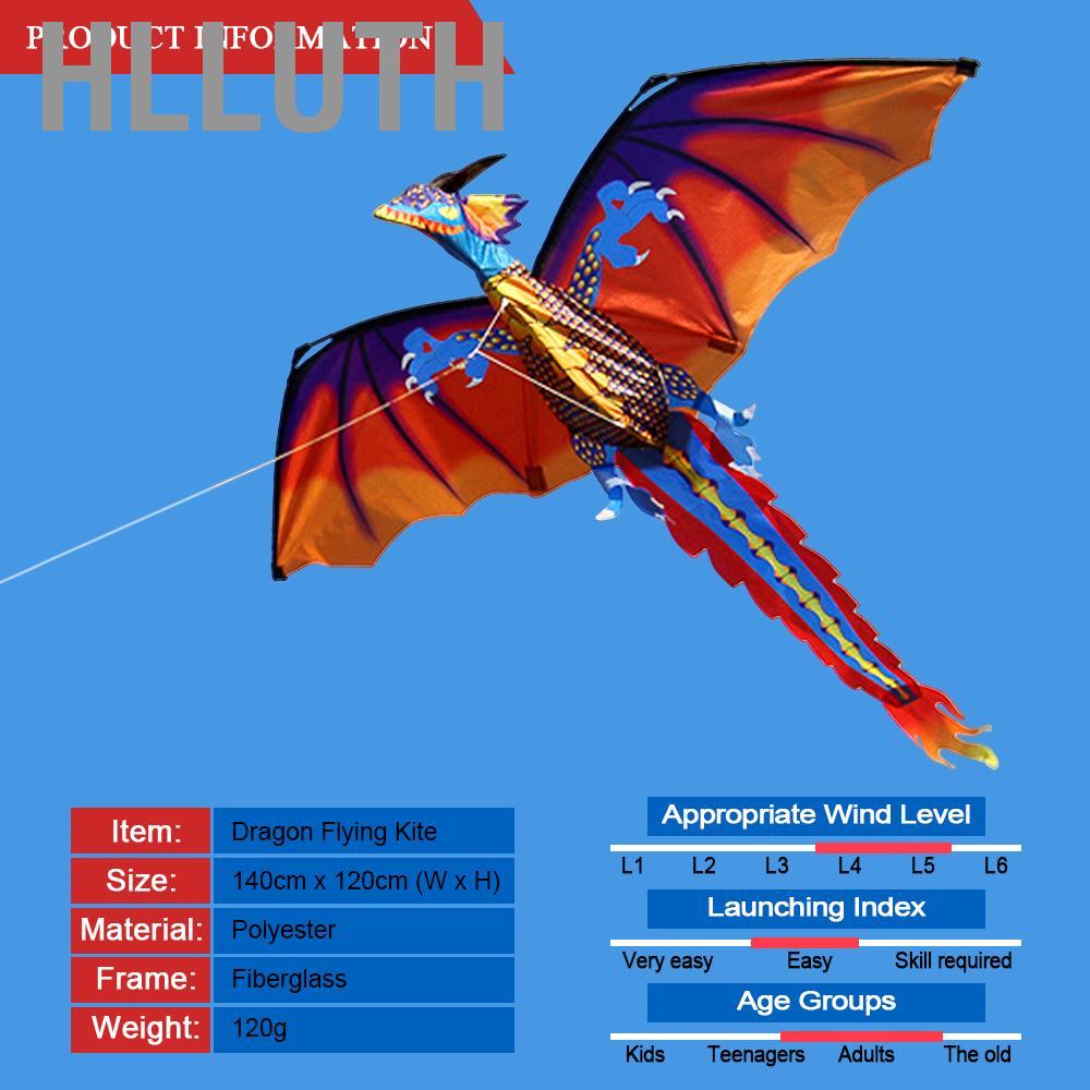 Hlluth Hlluth 140ซม.X 120ซม./55 47นิ้วDragon Kite Single Lineบินหาง100Mสำหรับเด็กผู้ใหญ่