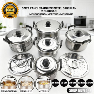 SN COD Panci 5 Set + Tutup Sainless 5 Set + 2 Pcs Saringan ORIGINAL menggoreng, merebus, mengukus