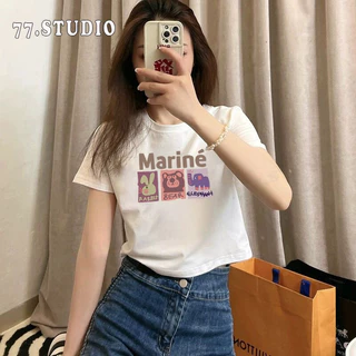 พร้อมส่ง🚀 เสื้อครอปแขนสั้น ผ้าคัตคอน นิ่มใส่สบาย100%Cotton ลายการ์ตูน เสื้อยืดพิมพ์ลาย baby tee T-shirt