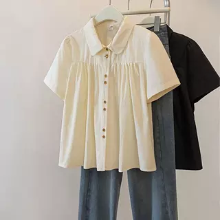 [เสื้อเชิ้ตโอเวอร์ไซส์] (40-150kg) ผู้หญิง แขนสั้น คอปกโปโล เสื้อเบลาส์ ท็อปส์ซู พลัสไซส์ น่ารัก ลำลอง หลวม Tshirt