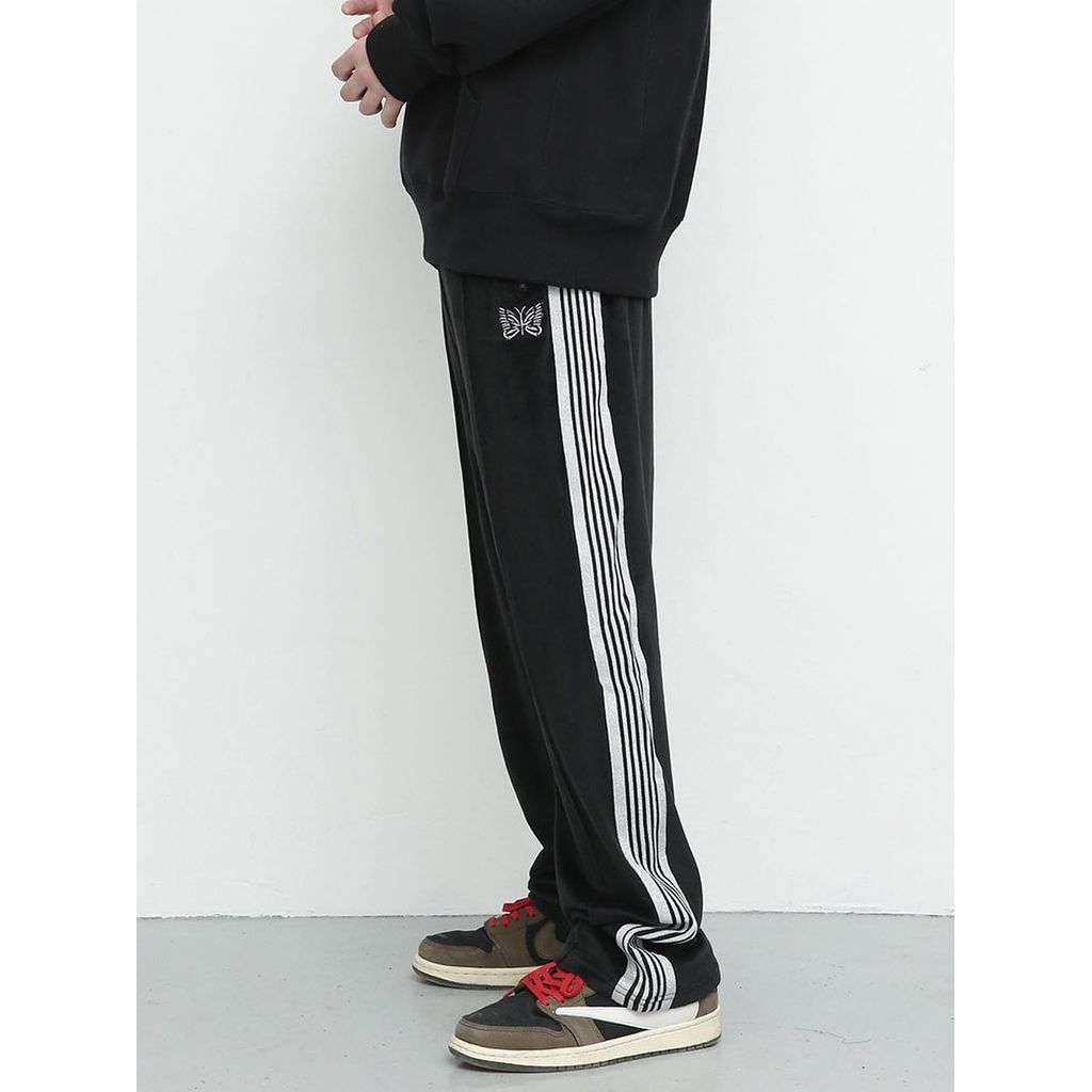 Needles Track Pants Velvet Embroidered Retro Ribbon Sports Casual Unisex Straight-Leg Pants