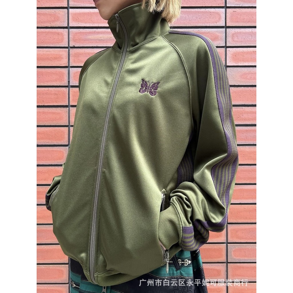 Needles track Japanese Retro Ribbon Casual Stand Collar Jacket Zipper Sports Coat for Men