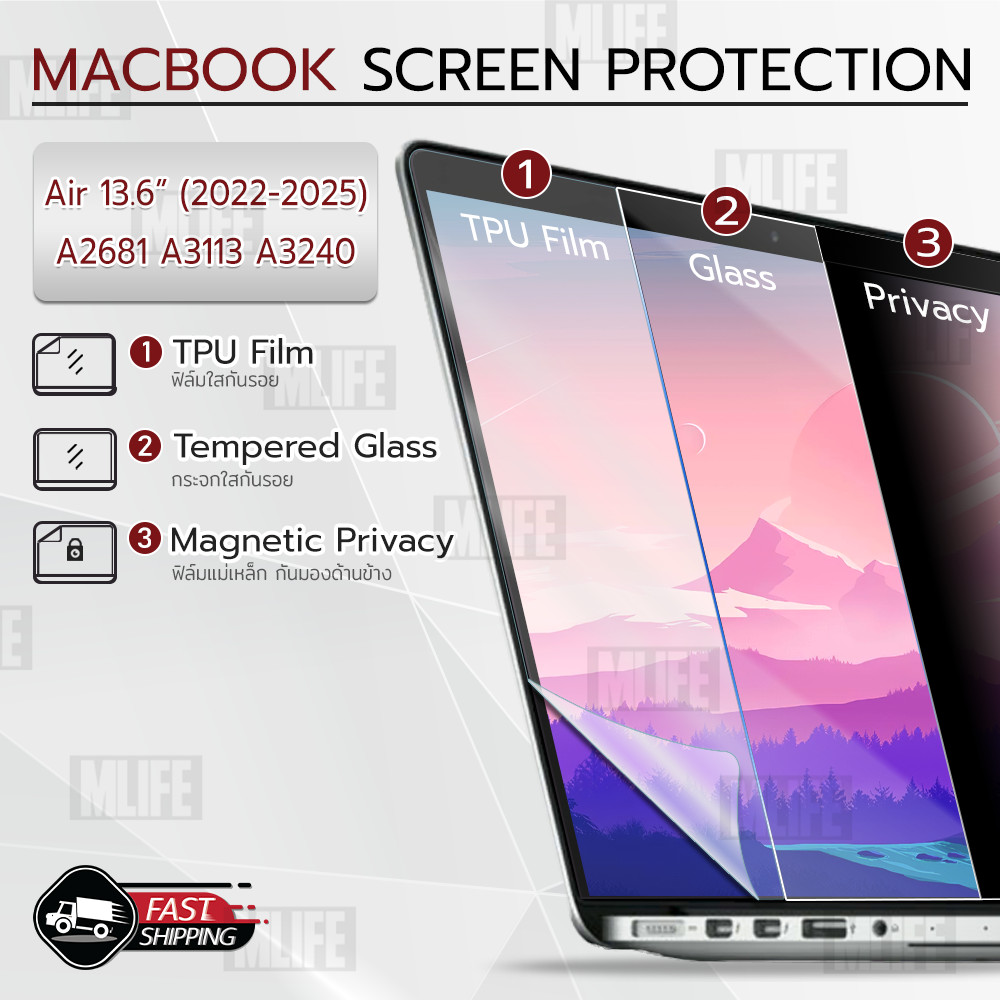 MLIFE - กระจก ฟิล์มกันรอย MacBook Air 13.6" (2022-2025) M2-M4 A3113 A2681 A3240 ฟิล์มแม่เหล็ก กันรอย