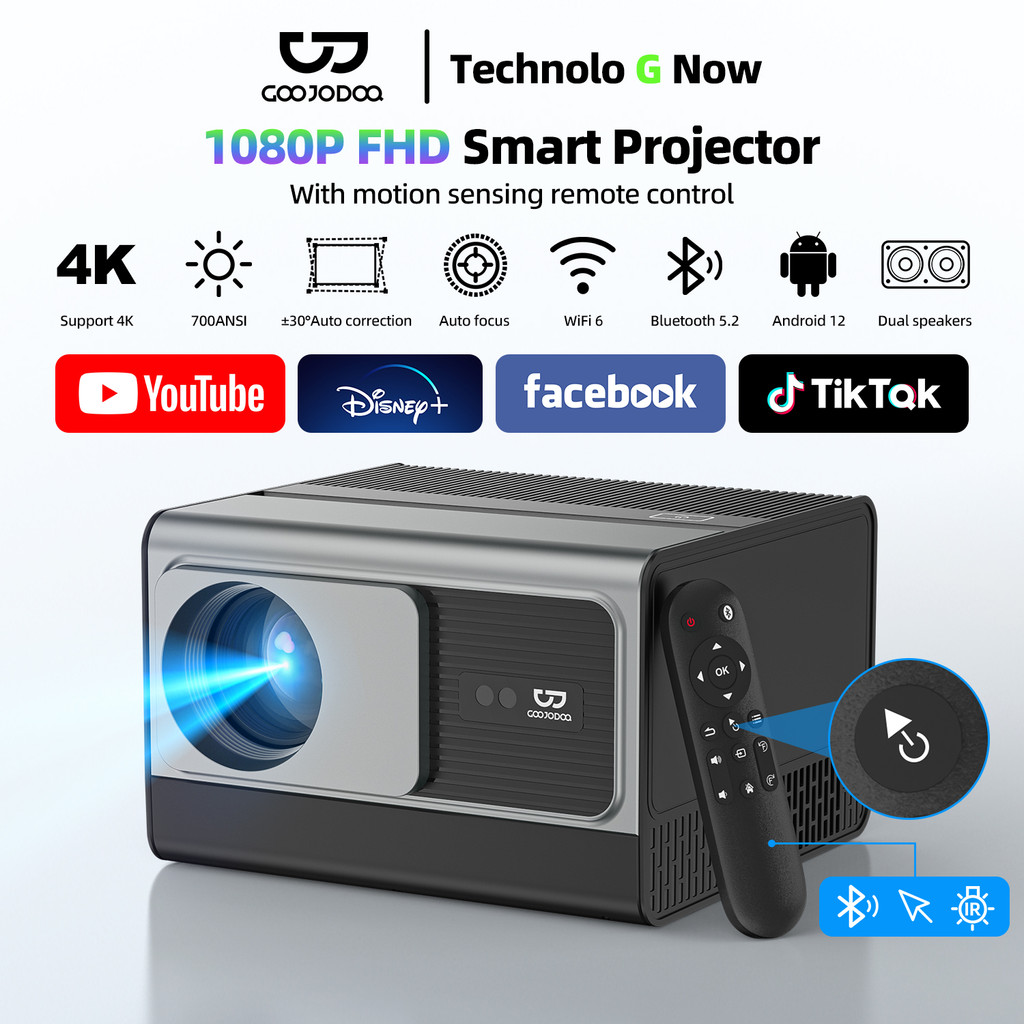 GOOJODOQ 1080P FHD Smart Projector ลําโพงคู่ Motion Sensing Remote Closed Optical Engine