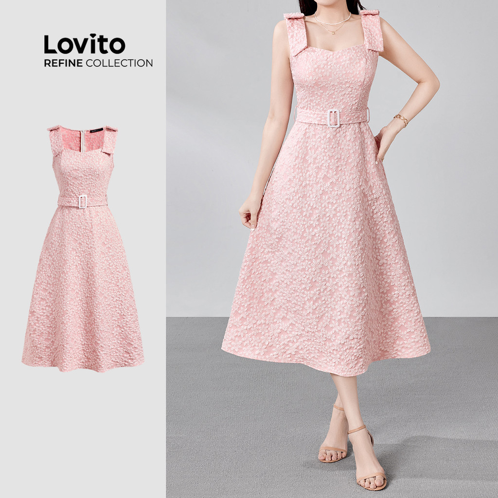 (Lovito Refine) ชุดเดรสไหมแกว็กสไตล์หรูหรา ตีผูกด้านหน้า สีชมพู สำหรับฤดูใบไม้ผลิ/ฤดูร้อน LR18E178