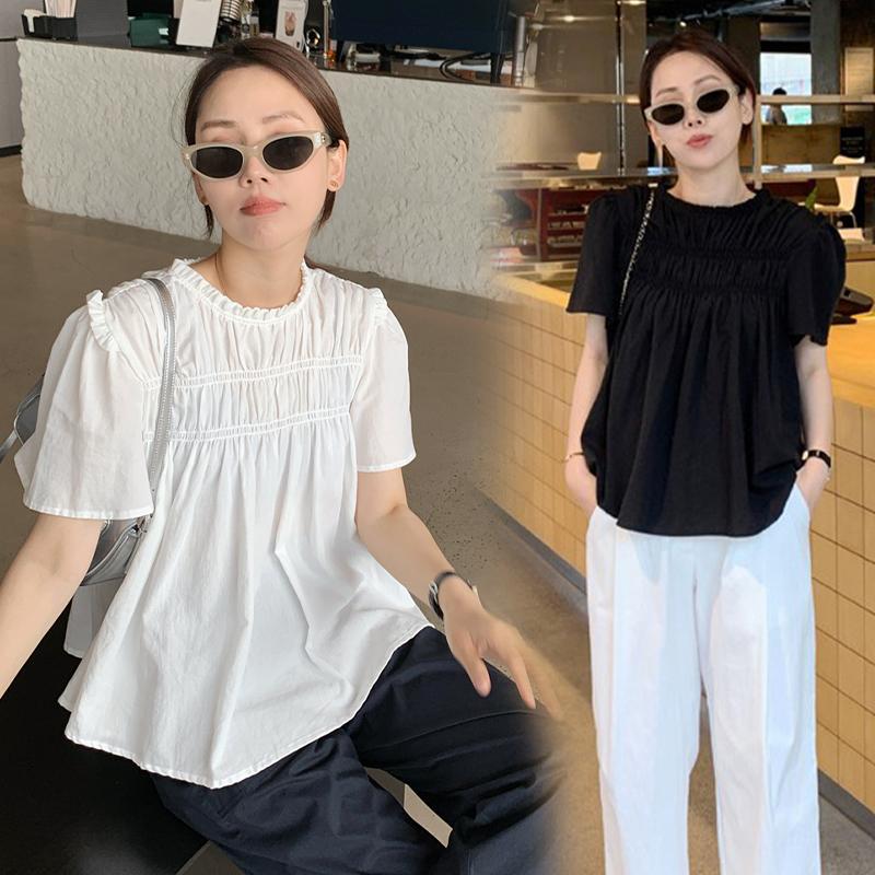 Baby Grape เสื้อเชิ้ตแขนพองผู้หญิง แขนสั้น เสื้อทรงหลวม ลำลอง ลูกไม้ ระบาย สไตล์เกาหลี#W628