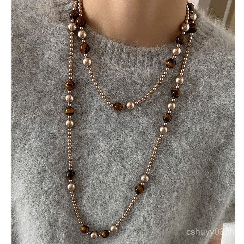 สร้อยคอ Tiger Eye High-End ออกแบบเรโทรสำหรับฤดูใบไม้ร่วงและฤดูหนาว ประดับด้วยลูกปัดสวยหรู O1RQ