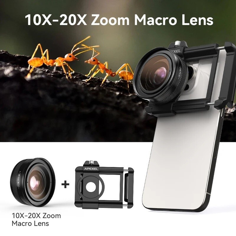 APEXEL 10X20X Zoom Mobile Phone Macro Lens 37MM Thread Phone Lens Support Eye Macro Photography with
