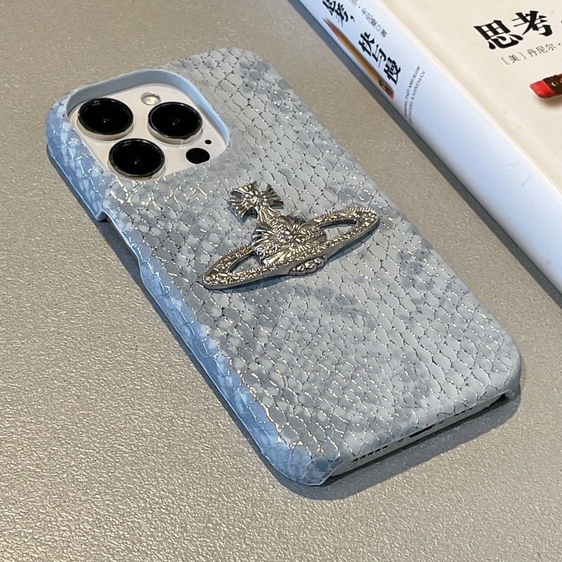 DIY l 3D โลหะ Planet โลโก้สีฟ้างูหนังครึ่งแพ็ค Hard Shell เคสโทรศัพท์กันกระแทกสําหรับ iPhone 17 17Ai