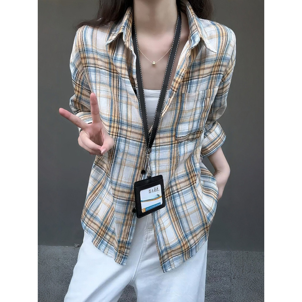 เสื้อสีดํา gq เสื้อเชิ้ต เสื้อเชิ้ตลายสก็อตสำหรับใส่ในช่วงเปิดเทอมเสื้อเชิ้ตแขนยาวคอปกไหล่สำหรับผู้ช