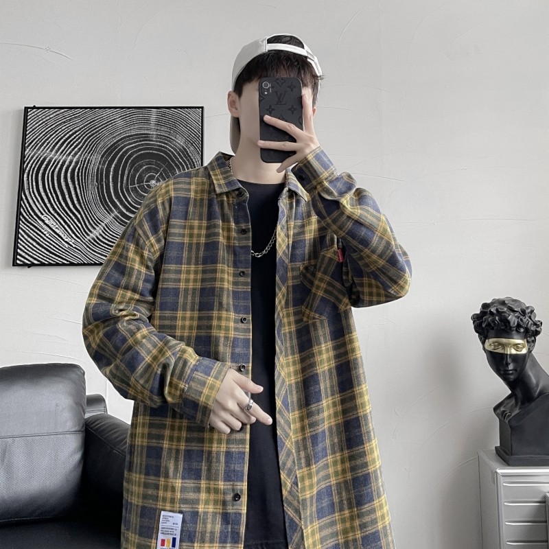 gq เสื้อเชิ้ต เสื้อลายขอ เสื้อเชิ้ตลายสก๊อตผู้ชายเสื้อเชิ้ตคอปกทรงหลวมแฟชั่นลำลองแมทช์ลุคง่ายเสื้อแจ
