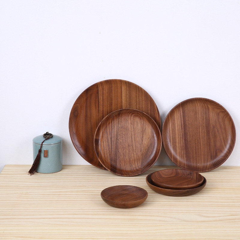 ไม้รอบถาดญี่ปุ่นจานอาหารค่ําวอลนัทสีดําถาดรอบถาดชาครัวเรือนชุดชาถ้วยน้ําถาดผลไม้ถาด 6www