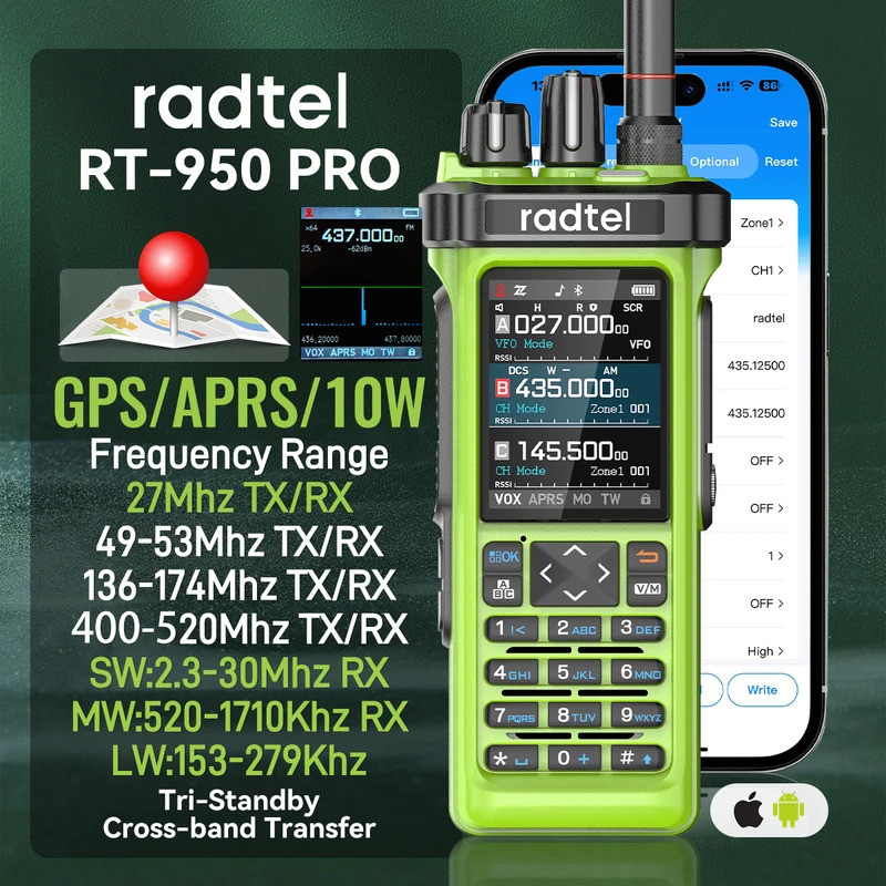 Radtel RT-950 PRO เครื่องส่งรับวิทยุสีเขียว AM/FM/SSB ตัวรับสัญญาณ GPS APRS 10W บลูทูธโทรศัพท์การเขี