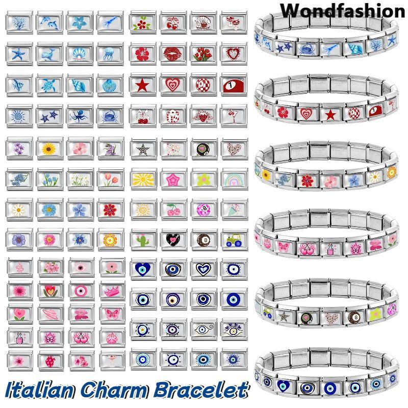 สร้อยข้อมือcharmสเตนเลส ตกแต่งด้วยอีพ็อกซี่ริมฝีปากและดอกไม้อิตาเลียน ขนาด9มม.