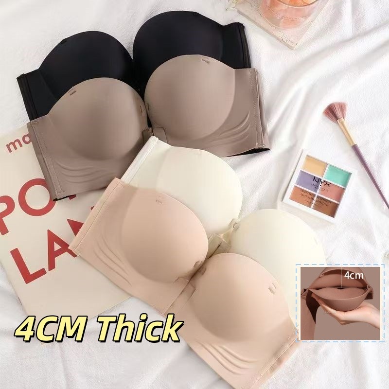 BT👙4cm~ดชั้นในเกาะอกดันทรงปิดหน้าอก หัวเข็มขัดด้านหน้า สําหรับผู้หญิงบราไร้สาย