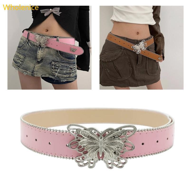 PU Leathers Belt Pin Buckle Belt Y2K Butterfly Buckle Wide Belt Adult Waistband