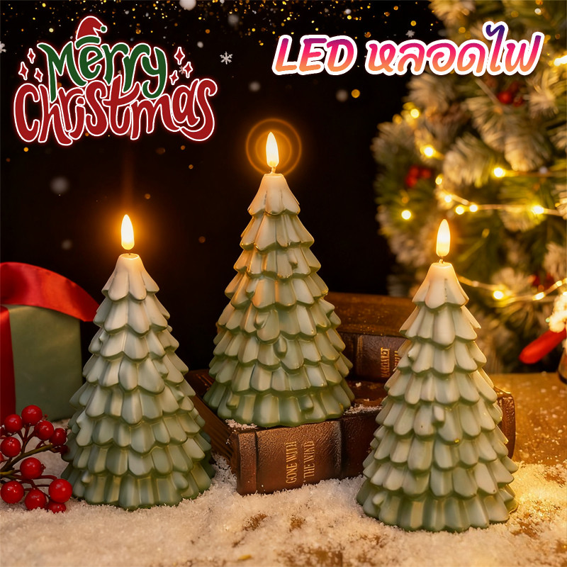 🎄หลอดไฟนอนรูปคริสต์มาสตรี🎄หลอดไฟ LED รูปคริสต์มาส เทียนปลอม แบตเตอรี่ AA ตกแต่งเทศกาล