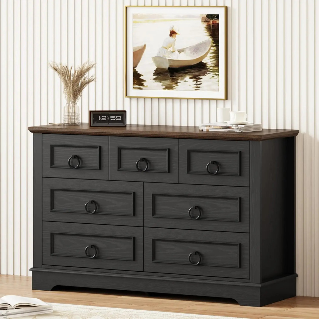 Must-Have Farmhouse 7 Drawer Dresser สําหรับห้องนอน, Wood Rustic Chest Of Drawer พร้อมที่จับโลหะกลม,