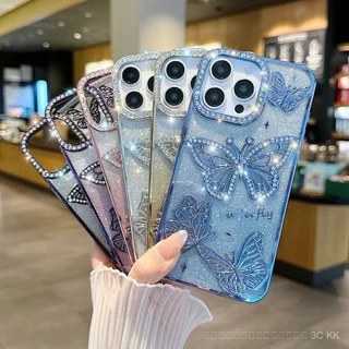 กันกระแทก iPhone ลายผีเสื้อปะดับคริสตัลทรงนูน พื้นผิวสีเงินแวววาว สำหรับ 17/15/14/13 Pro Max/Plus