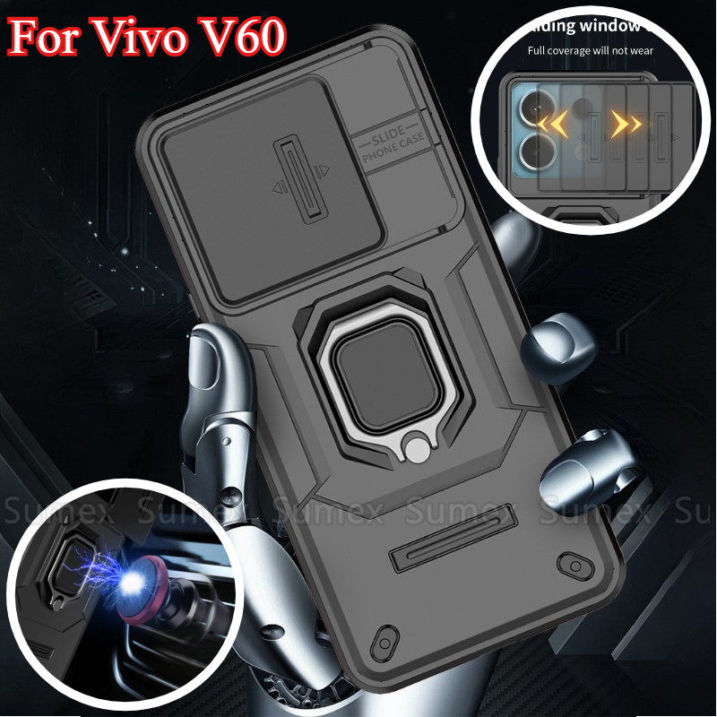 สไลด์กล้องปกป้องปลอกโทรศัพท์สําหรับVivo V60 V2511 5Gรถผู้ถือแม่เหล็กขาตั้งแหวนยึดกรณีกันกระแทกAnti H