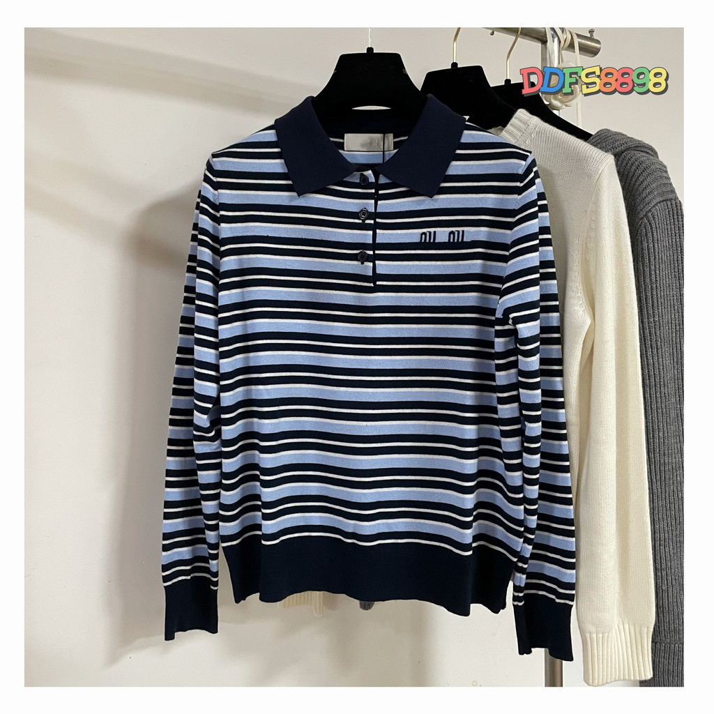 DBF2 M1u*mm Letter Jacquard Striped Turn-Down Collar Long Sleeve Wool Knit Sweater for Women