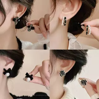 ต่างหูโบว์ไข่มุก เพทายสีดำ สไตล์หรูและซับซ้อน