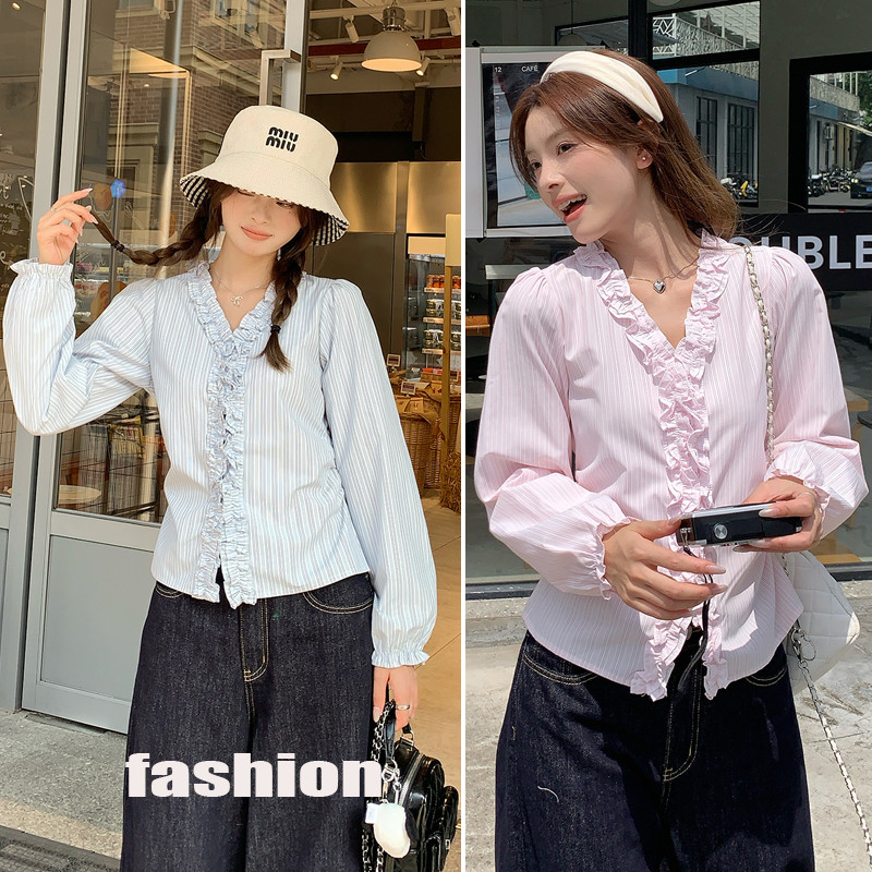 Cuties 💖เเสื้อเชิตแขนยาวลายทาง แฟชั่นผู้หญิงคอวี  ทรงหลวม สไตล์เกาหลี เรโทร สําหรับผู้หญิง  99257/99175