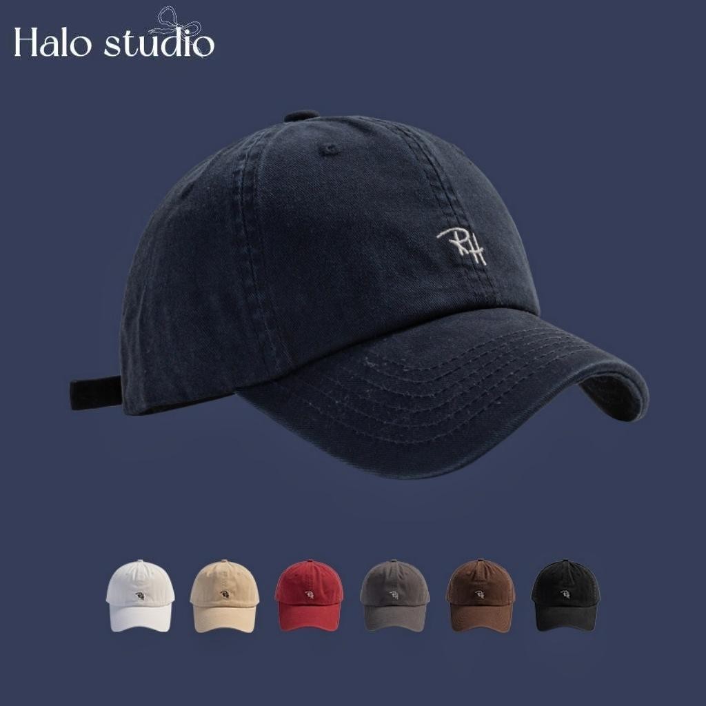 Halo studio พร้อมส่ง🔥หมวกเบสบอลสีน้ำเงินกรมท่าสไตล์เกาหลี เรียบง่าย อเนกประสงค์ สำหรับผู้ชายและผู้หญิง ปักลายทันสมัย