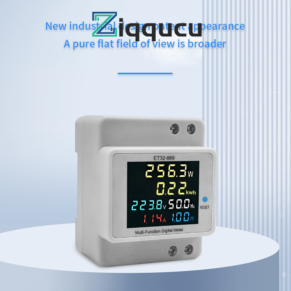 Ziqqucu ET32-669 DIN Rail Mount Single Phase Energy Meter AC 40-300V 100A มัลติฟังก์ชั่น Power Meter