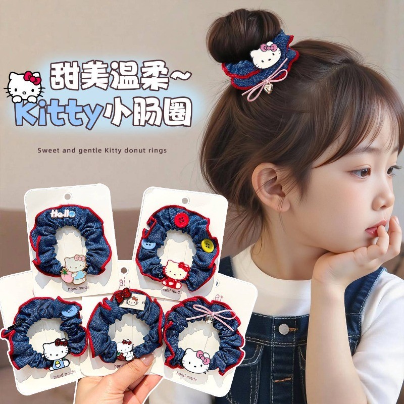 โบว์ผูกผมสไตล์เกาหลีจากผ้าเดนิม Hello Kitty Sweet Y2K สำหรับผู้หญิง