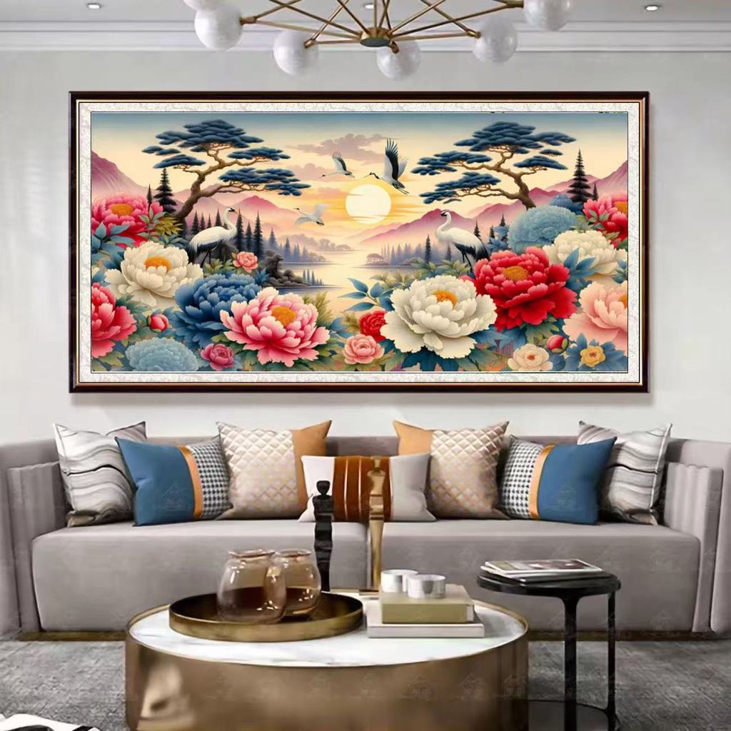 【230x100cm-9CT】ปักครอสติสใหม่สไตล์จีนสไตล์จีนภูมิทัศน์ภูมิทัศน์ ซงเหอ ดอกโบตั๋น สุภาพ ตกแต่งบรรยากาศมือเย็บปักถักร้อย