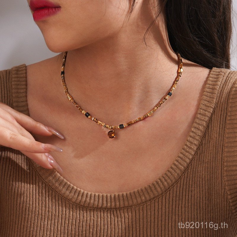 Original Design 18K หินธรรมชาติหรูหราสร้อยคอ Handmade ยุโรปสไตล์อเมริกันสแตนเลส Niche หินสีสร้อยคอลู