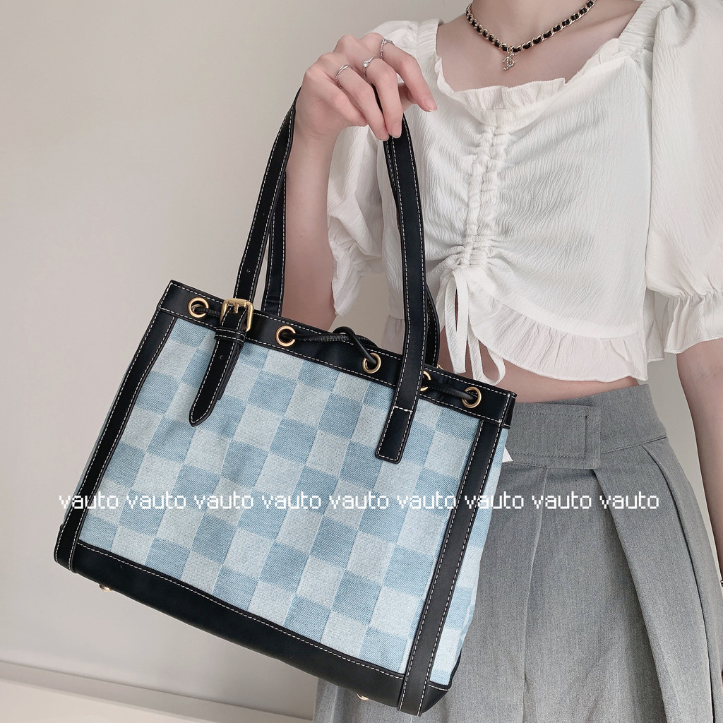 VAUTO กระเป๋าถือลายตาราง.Canvas ขนาดใหญ่ สไตล์เช็กเกอร์บอร์ด พกพาสะดวก สำหรับวันทำงานและเดินทาง